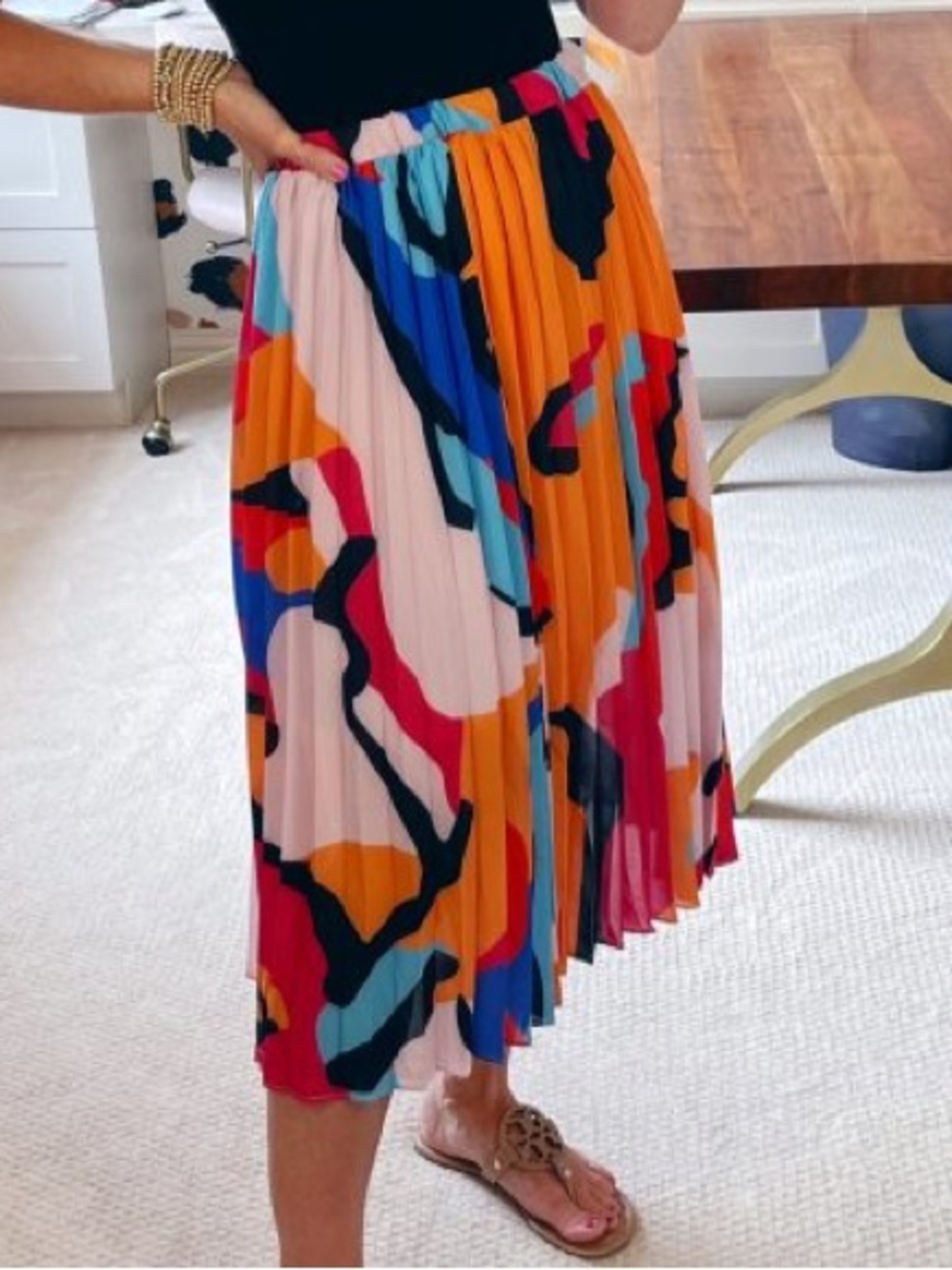 Abstract Chiffon Pleated Multi Color Midi Skirt Orange Red Pink Blue Black Small